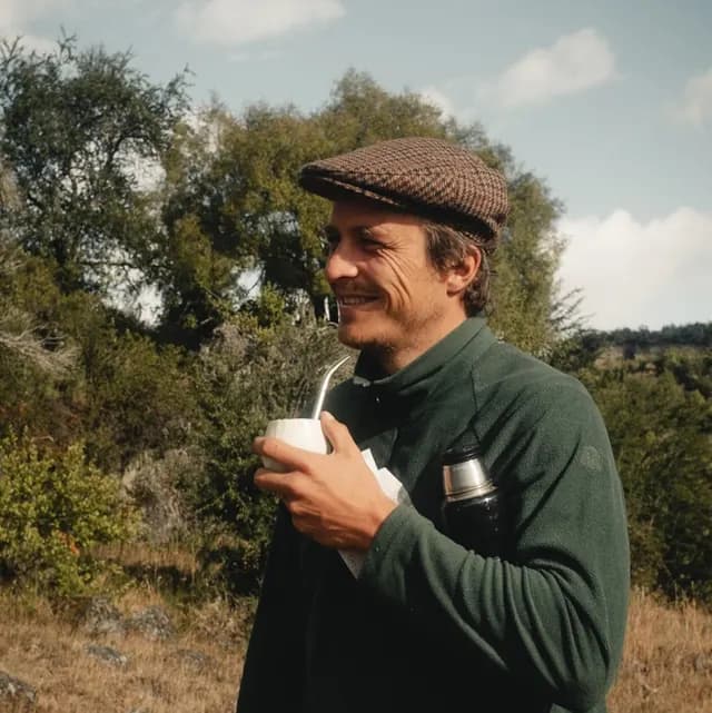 Martin Bunge sonriendo con un mate, al aire libre