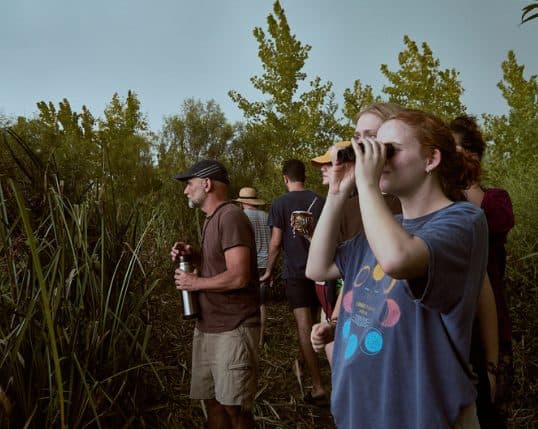 Grupo de personas caminando entre la vegetación del Delta con binoculares