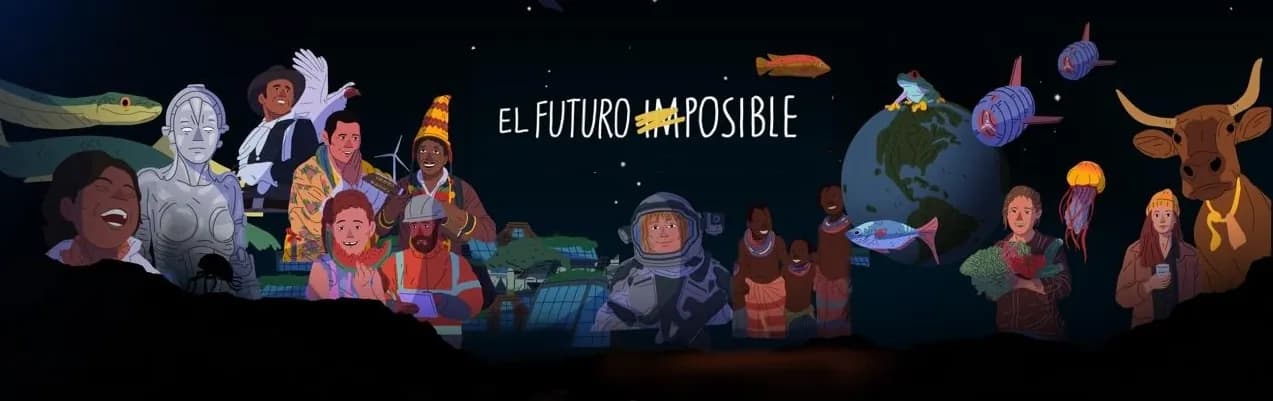 Ilustración de El Futuro Imposible: los personajes de la serie bajo un cielo con estrellas