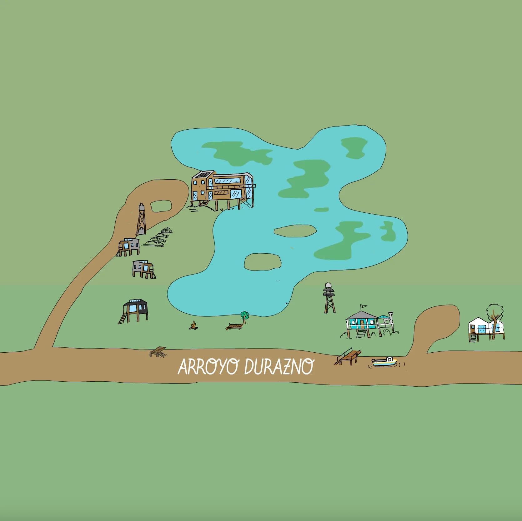 Mapa ilustrado del Pantano sobre el arroyo Durazno, con la laguna, las casas y los muelles