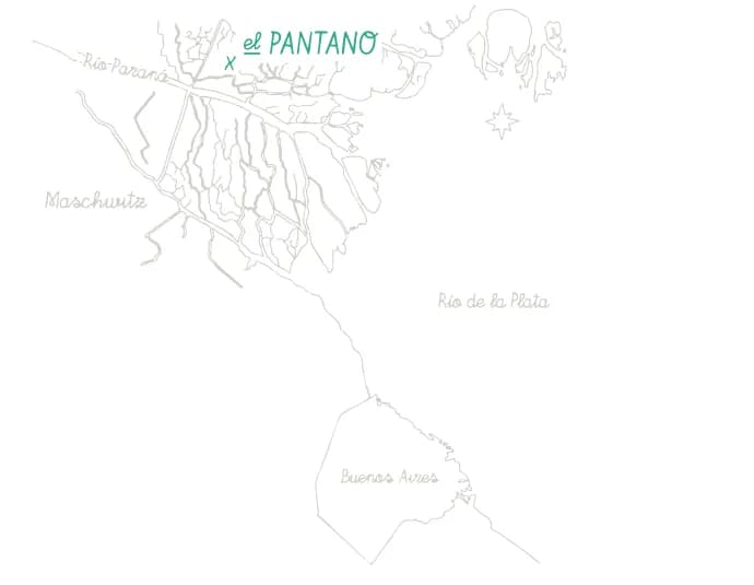 Mapa dibujado del Delta del Paraná con El Pantano, Buenos Aires y el Río de la Plata